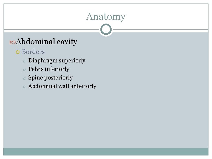 Anatomy Abdominal cavity Borders Diaphragm superiorly Pelvis inferiorly Spine posteriorly Abdominal wall anteriorly 
