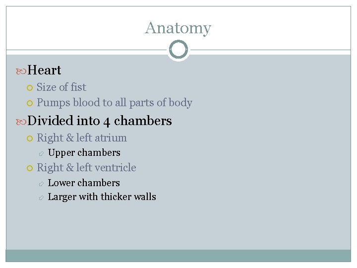 Anatomy Heart Size of fist Pumps blood to all parts of body Divided into