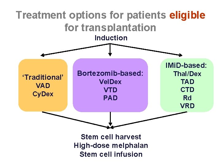 Treatment options for patients eligible for transplantation Induction ‘Traditional’ VAD Cy. Dex Bortezomib-based: Vel.