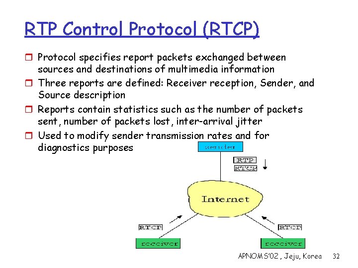 RTP Control Protocol (RTCP) r Protocol specifies report packets exchanged between sources and destinations