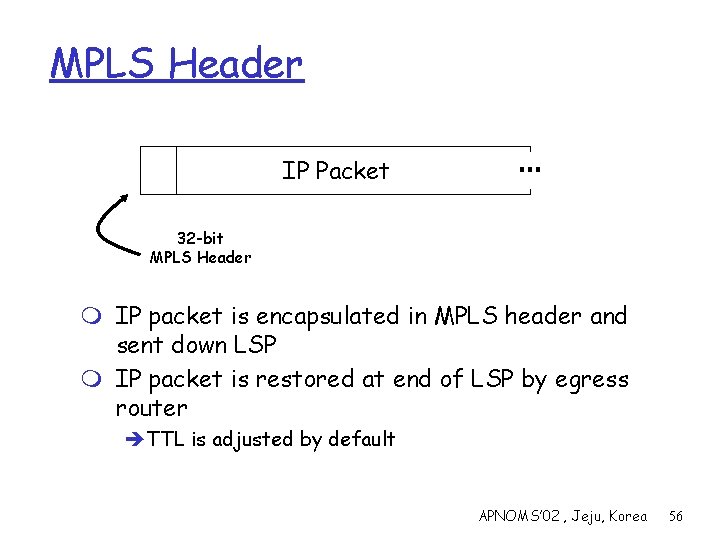 MPLS Header IP Packet … 32 -bit MPLS Header m IP packet is encapsulated