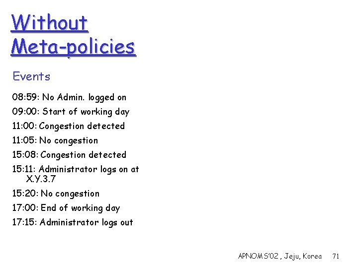 Without Meta-policies Events 08: 59: No Admin. logged on 09: 00: Start of working