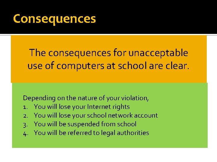 Consequences The consequences for unacceptable use of computers at school are clear. Depending on