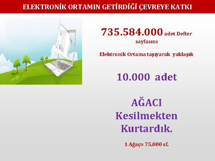 ELEKTRONİK ORTAMIN GETİRDİĞİ ÇEVREYE KATKI 735. 584. 000 adet Defter sayfasını Elektronik Ortama taşıyarak