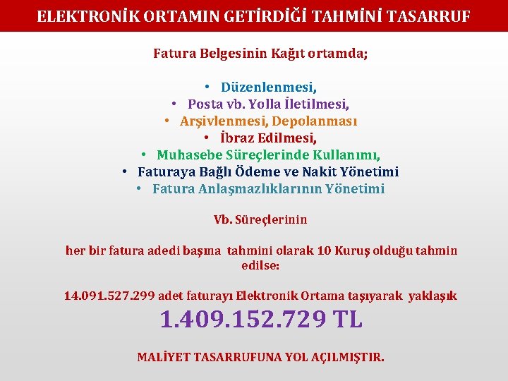 ELEKTRONİK ORTAMIN GETİRDİĞİ TAHMİNİ TASARRUF Fatura Belgesinin Kağıt ortamda; • Düzenlenmesi, • Posta vb.