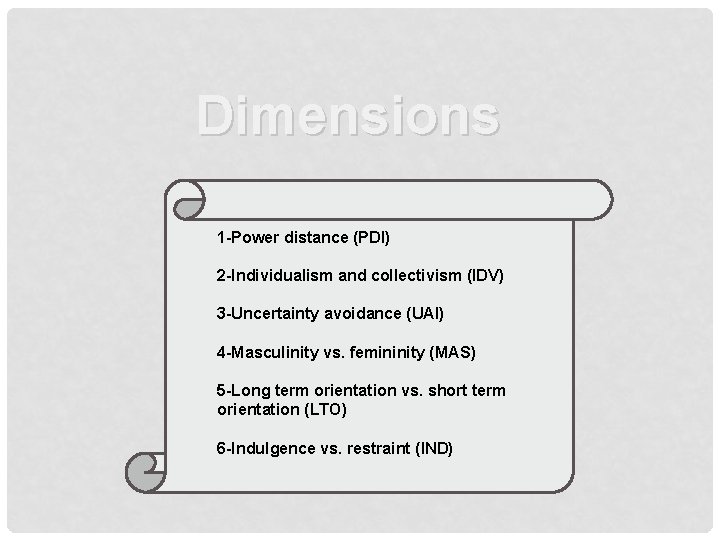 Dimensions 1 -Power distance (PDI) 2 -Individualism and collectivism (IDV) 3 -Uncertainty avoidance (UAI)