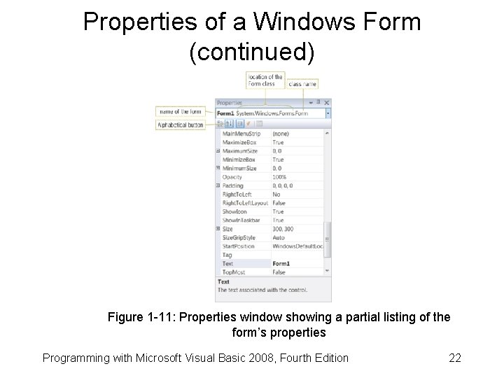 Properties of a Windows Form (continued) Figure 1 -11: Properties window showing a partial