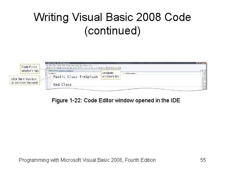 Writing Visual Basic 2008 Code (continued) Figure 1 -22: Code Editor window opened in