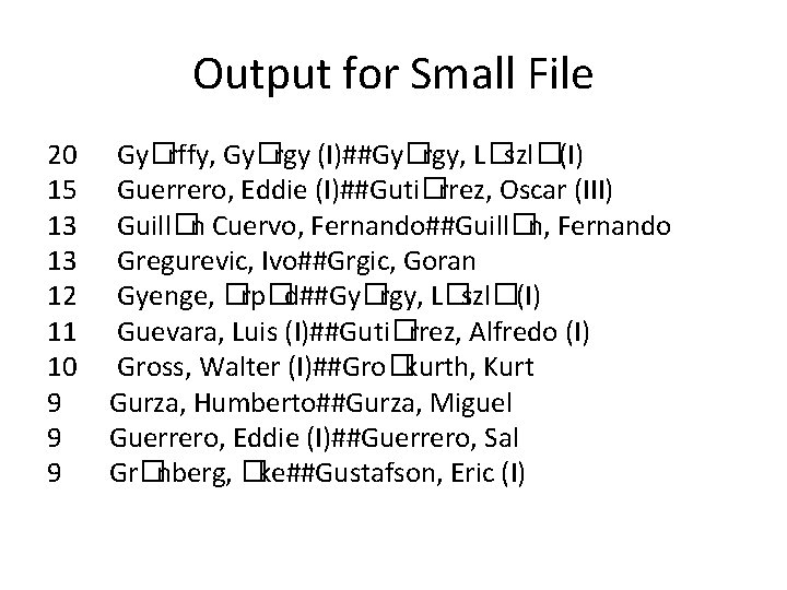 Output for Small File 20 15 13 13 12 11 10 9 9 9