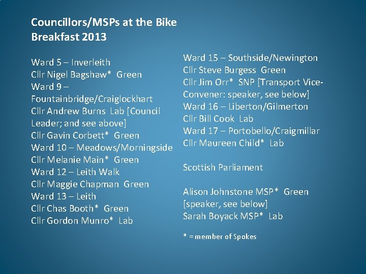 Councillors/MSPs at the Bike Breakfast 2013 Ward 5 – Inverleith Cllr Nigel Bagshaw* Green