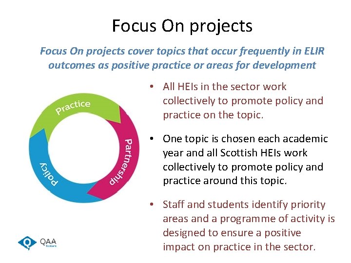 Focus On projects cover topics that occur frequently in ELIR outcomes as positive practice