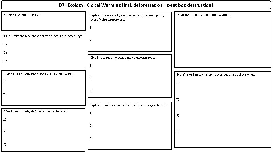 B 7 - Ecology- Global Warming (incl. deforestation + peat bog destruction) Name 2