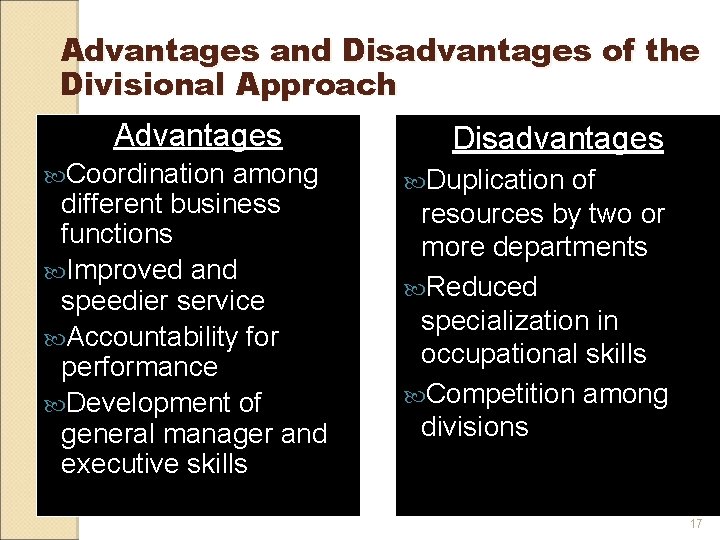 Advantages and Disadvantages of the Divisional Approach Advantages Coordination among different business functions Improved