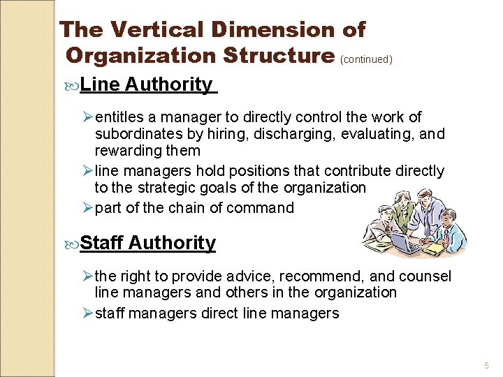 The Vertical Dimension of Organization Structure (continued) Line Authority Øentitles a manager to directly