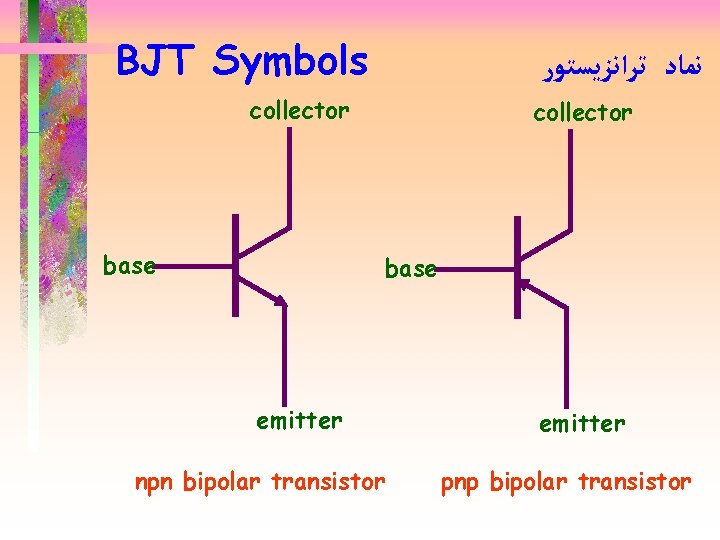 BJT Symbols ﻧﻤﺎﺩ ﺗﺮﺍﻧﺰﻳﺴﺘﻮﺭ collector base emitter npn bipolar transistor emitter pnp bipolar transistor