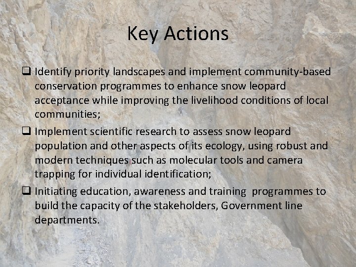 Key Actions q Identify priority landscapes and implement community-based conservation programmes to enhance snow