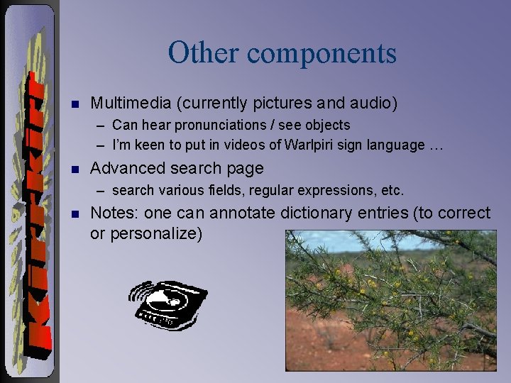 Other components n Multimedia (currently pictures and audio) – Can hear pronunciations / see
