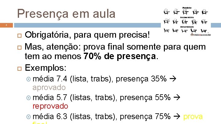 Presença em aula 4 Obrigatória, para quem precisa! Mas, atenção: prova final somente para