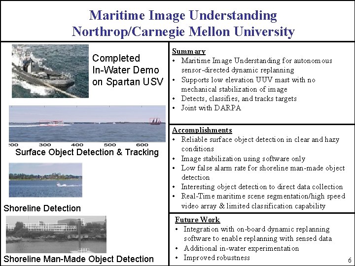 Maritime Image Understanding Northrop/Carnegie Mellon University Completed In-Water Demo on Spartan USV Surface Object