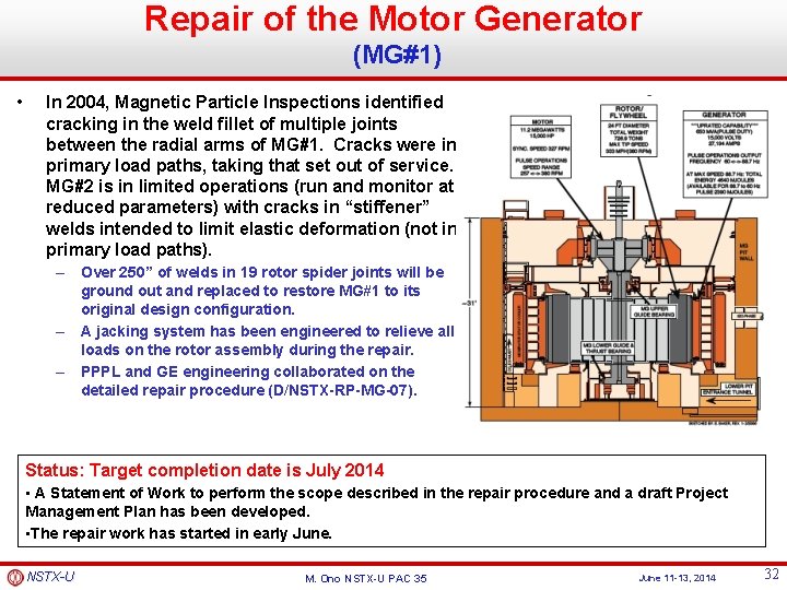 Repair of the Motor Generator (MG#1) • In 2004, Magnetic Particle Inspections identified cracking