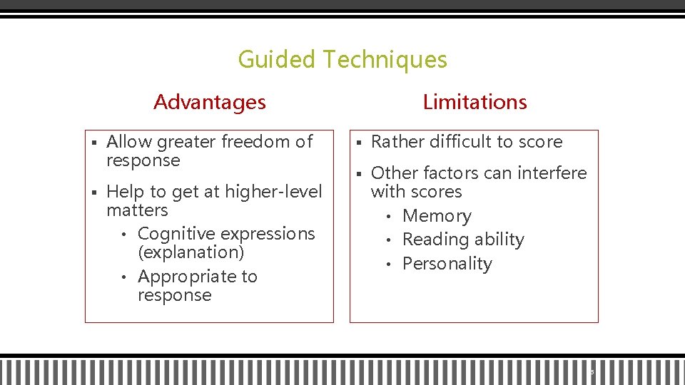 Guided Techniques Limitations Advantages § § Allow greater freedom of response Help to get