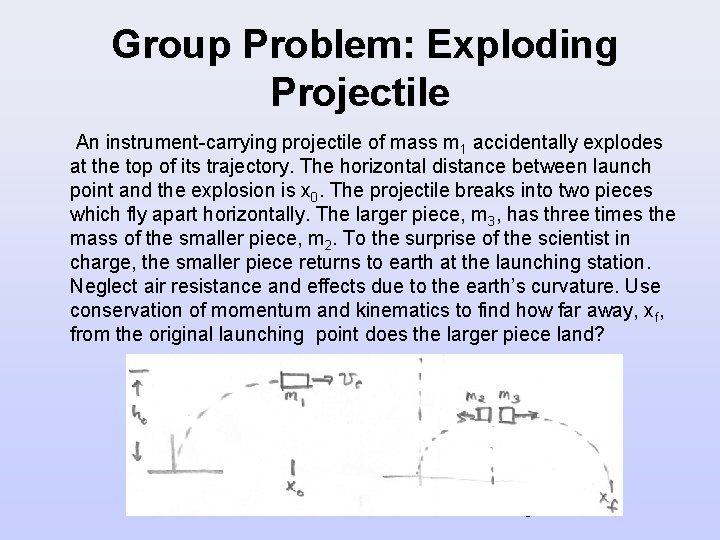 Group Problem: Exploding Projectile An instrument-carrying projectile of mass m 1 accidentally explodes at