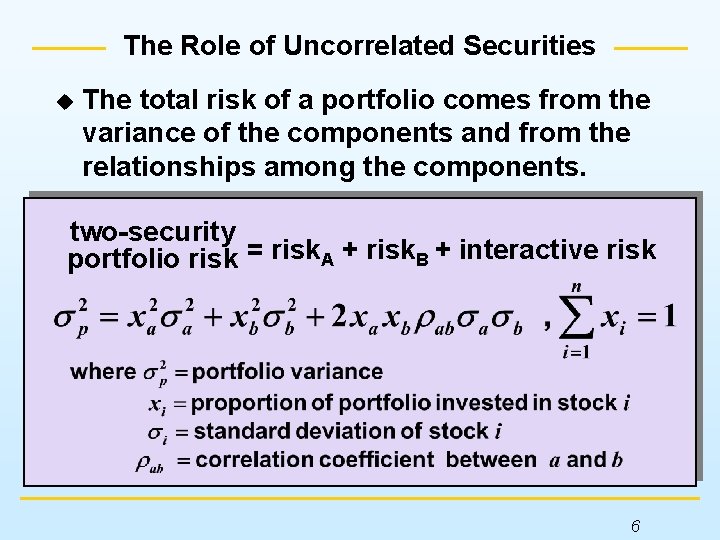The Role of Uncorrelated Securities u The total risk of a portfolio comes from