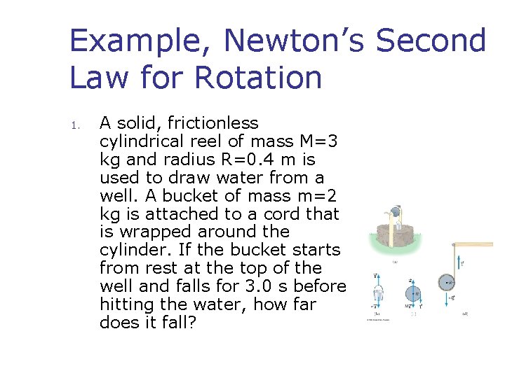 Example, Newton’s Second Law for Rotation 1. A solid, frictionless cylindrical reel of mass