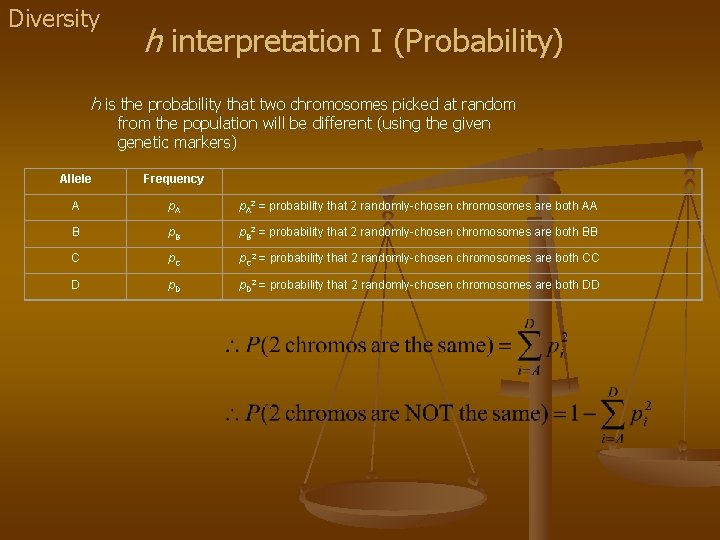 Diversity h interpretation I (Probability) h is the probability that two chromosomes picked at