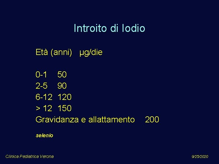 Introito di Iodio Età (anni) µg/die 0 -1 50 2 -5 90 6 -12