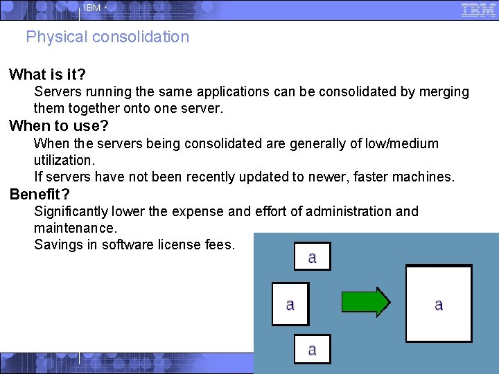 IBM ^ Physical consolidation What is it? Servers running the same applications can be