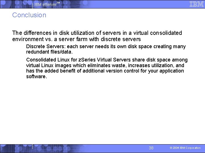 IBM e. Server™ Conclusion The differences in disk utilization of servers in a virtual