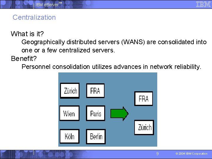 IBM e. Server™ Centralization What is it? Geographically distributed servers (WANS) are consolidated into