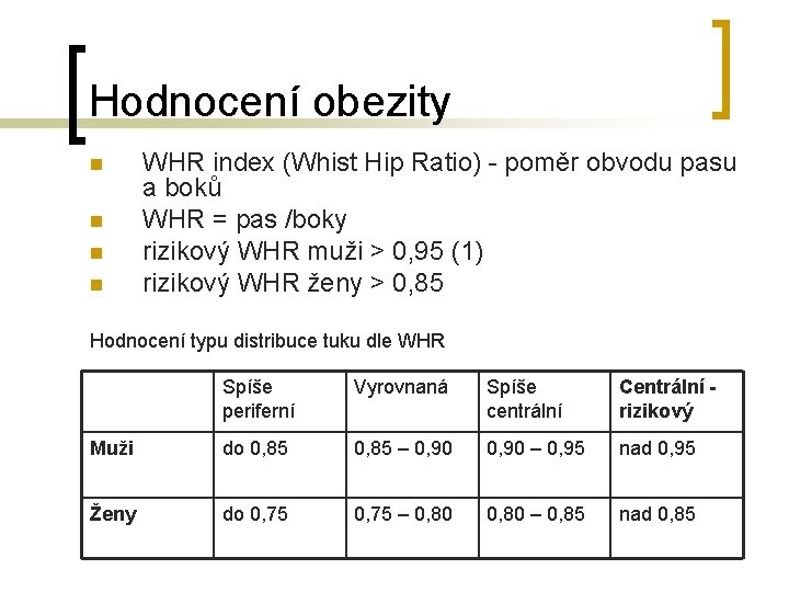 Hodnocení obezity n n WHR index (Whist Hip Ratio) - poměr obvodu pasu a