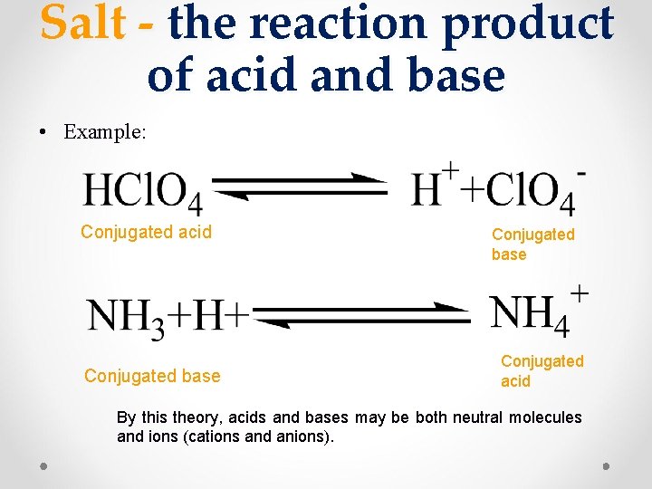 Salt - the reaction product of acid and base • Example: Conjugated acid Conjugated