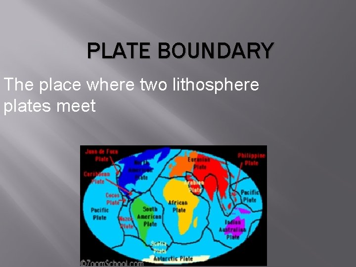 PLATE BOUNDARY The place where two lithosphere plates meet 
