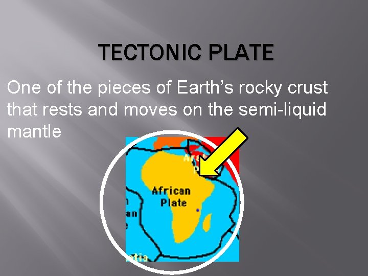 TECTONIC PLATE One of the pieces of Earth’s rocky crust that rests and moves
