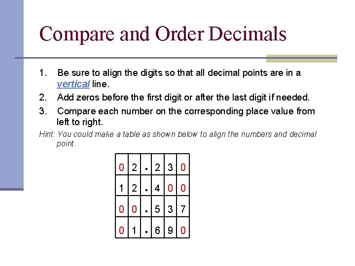 Compare and Order Decimals 1. Be sure to align the digits so that all