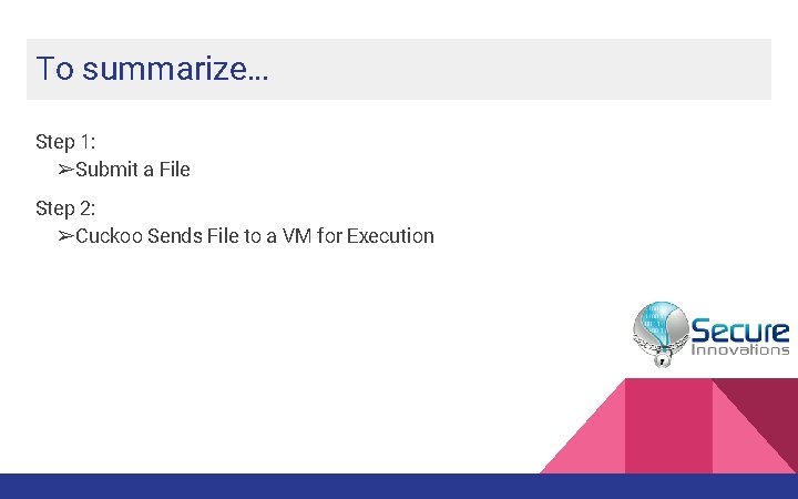 To summarize… Step 1: ➢Submit a File Step 2: ➢Cuckoo Sends File to a To summarize… Step 1: ➢Submit a File Step 2: ➢Cuckoo Sends File to a