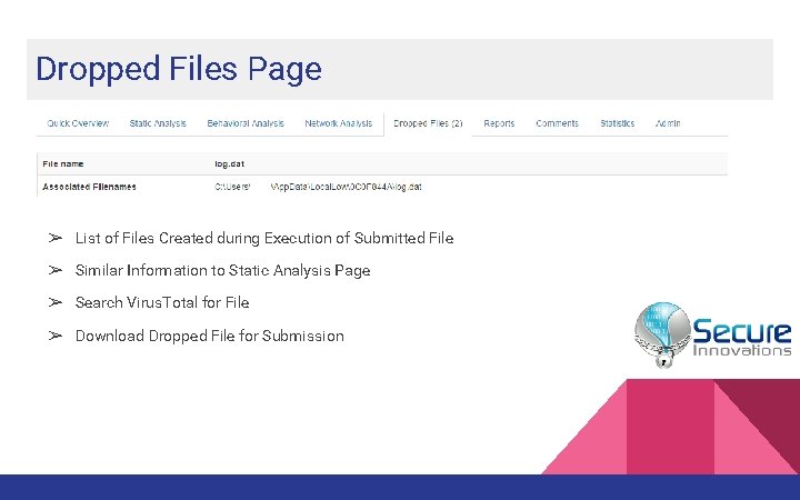 Dropped Files Page ➢ List of Files Created during Execution of Submitted File ➢