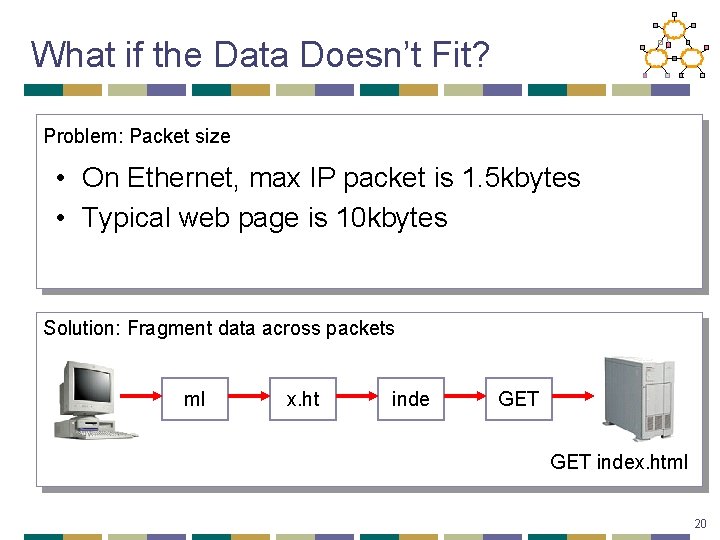 What if the Data Doesn’t Fit? Problem: Packet size • On Ethernet, max IP