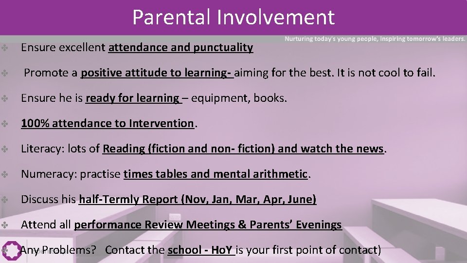 ✤ ✤ Parental Involvement Ensure excellent attendance and punctuality Promote a positive attitude to