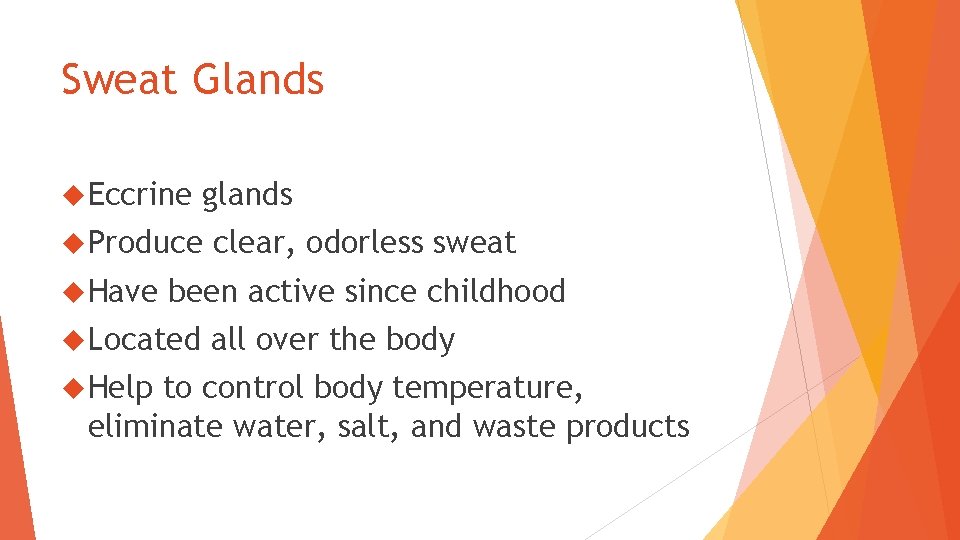 Sweat Glands Eccrine glands Produce Have been active since childhood Located Help clear, odorless