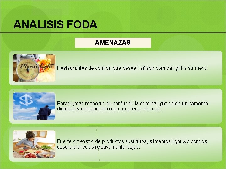 ANALISIS FODA AMENAZAS Restaurantes de comida que deseen añadir comida light a su menú.