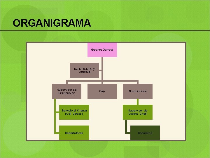 ORGANIGRAMA Gerente General Mantenimiento y Limpieza Supervisor de Distribución Servicio al Cliente (Call Center)