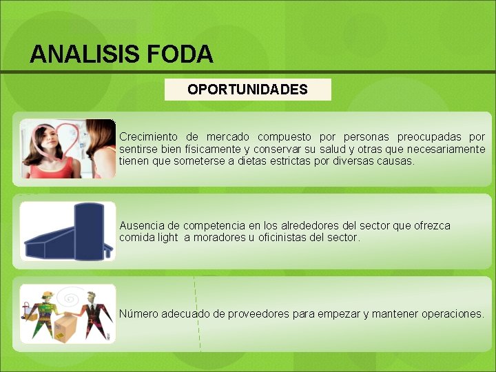 ANALISIS FODA OPORTUNIDADES Crecimiento de mercado compuesto por personas preocupadas por sentirse bien físicamente