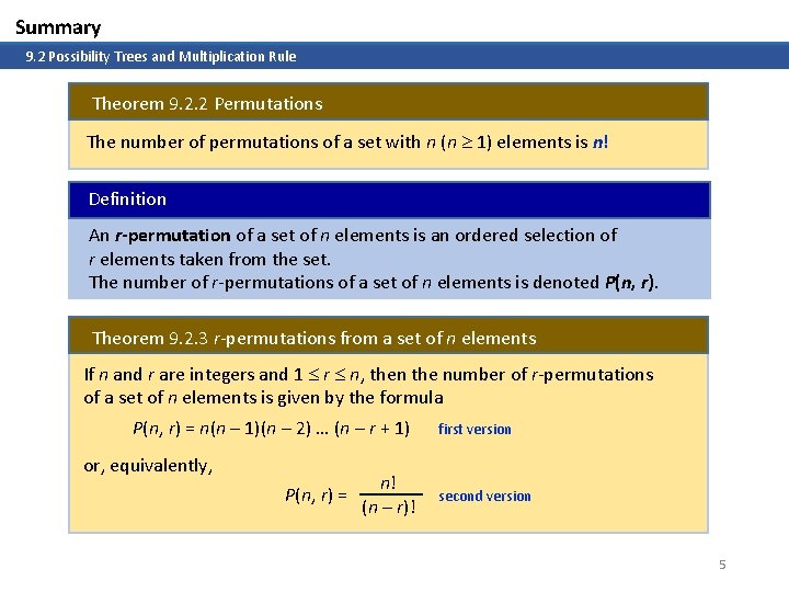 Summary 9. 2 Possibility Trees and Multiplication Rule Theorem 9. 2. 2 Permutations The