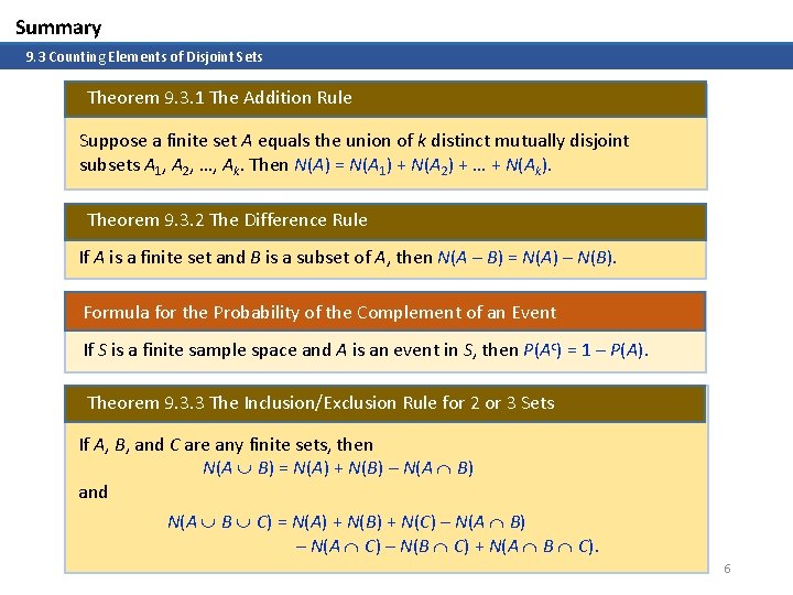 Summary 9. 3 Counting Elements of Disjoint Sets Theorem 9. 3. 1 The Addition