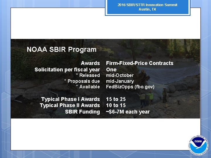 2016 SBIR/STTR Innovation Summit Austin, TX NOAA SBIR Program Awards Solicitation per fiscal year