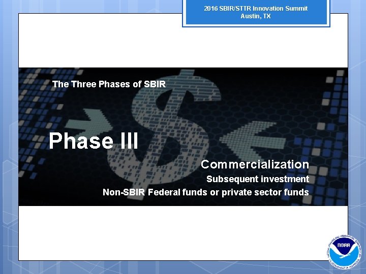 2016 SBIR/STTR Innovation Summit Austin, TX The Three Phases of SBIR Phase III Commercialization